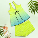 neon green hex print 5 Women's Vest Skirt Split Swimsuit (Model S47) - Objet D'Art