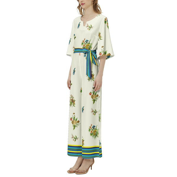 Summertime Collage Dolman Sleeve Belted Wide Leg Jumpsuit - Objet D'Art