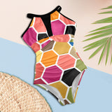 colorful hex print 5 Women's High Neck Plunge Mesh Ruched Swimsuit (S43) - Objet D'Art