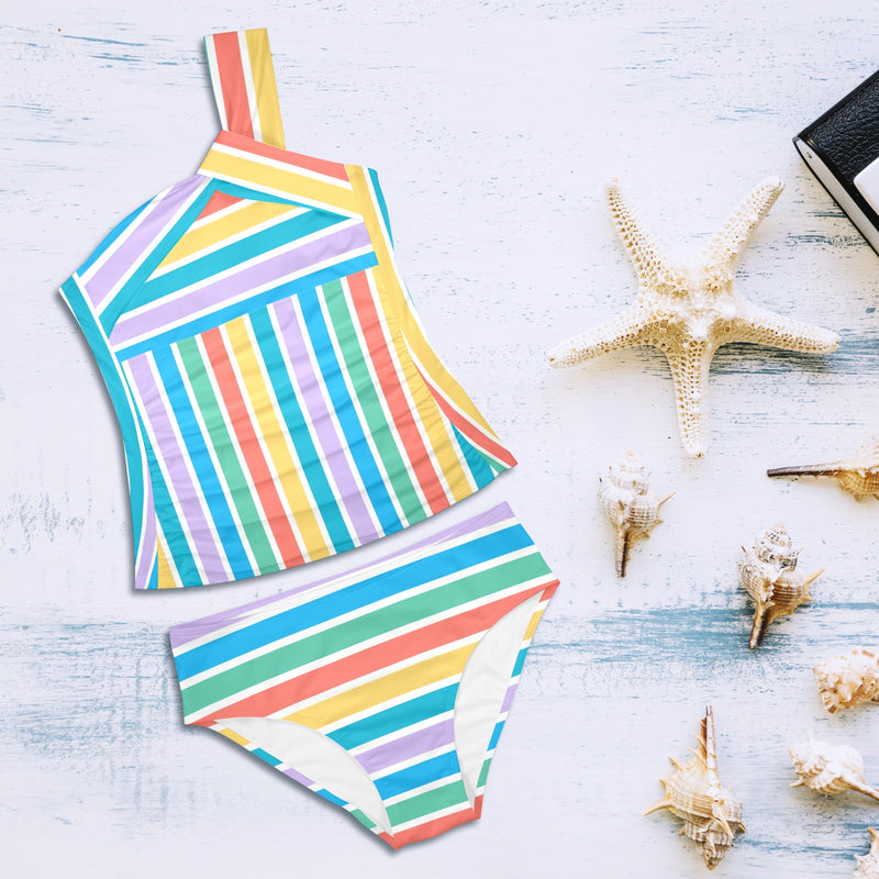 colorfully striped tropics Women's One Shoulder Backless Swimsuit (Model S44) - Objet D'Art