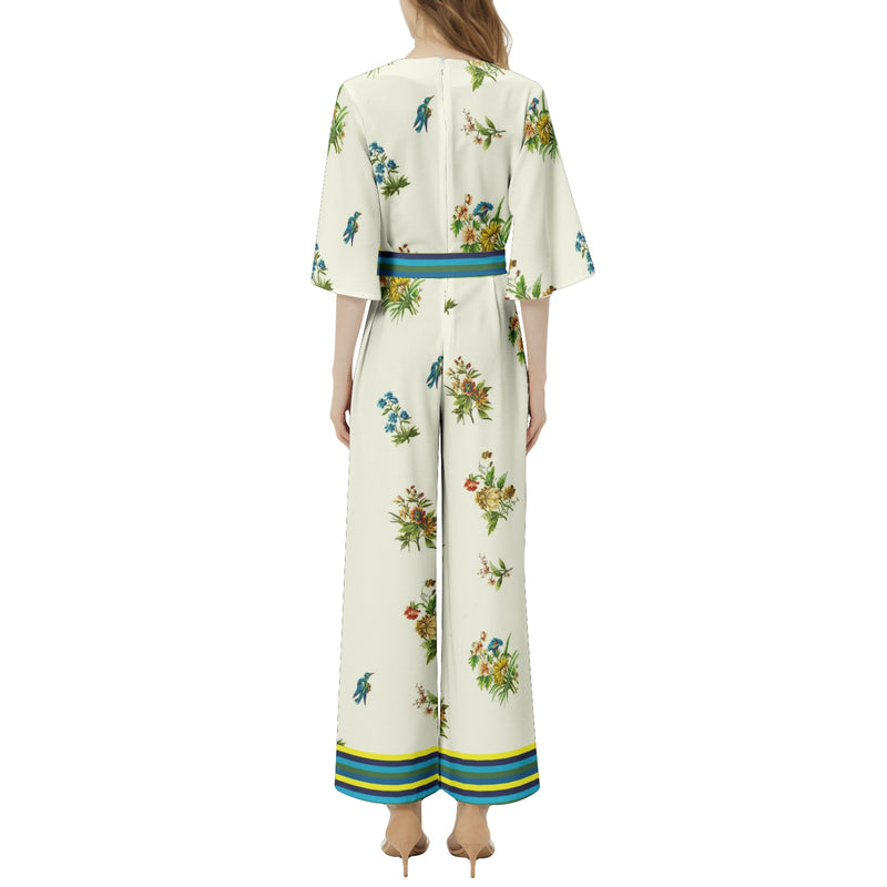 Summertime Collage Dolman Sleeve Belted Wide Leg Jumpsuit - Objet D'Art