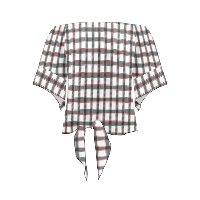 grid red gray print 2 Off Shoulder Knot Front Blouse (Model T71) - Objet D'Art