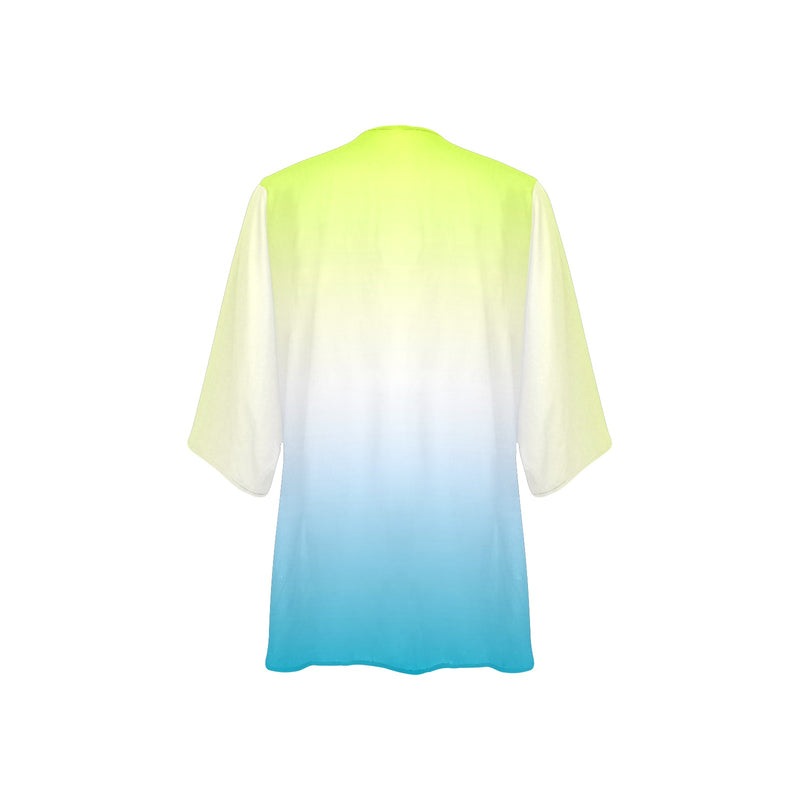 neon green to sky blue ombre Women's Kimono Chiffon Cover Up (Model H51) - Objet D'Art