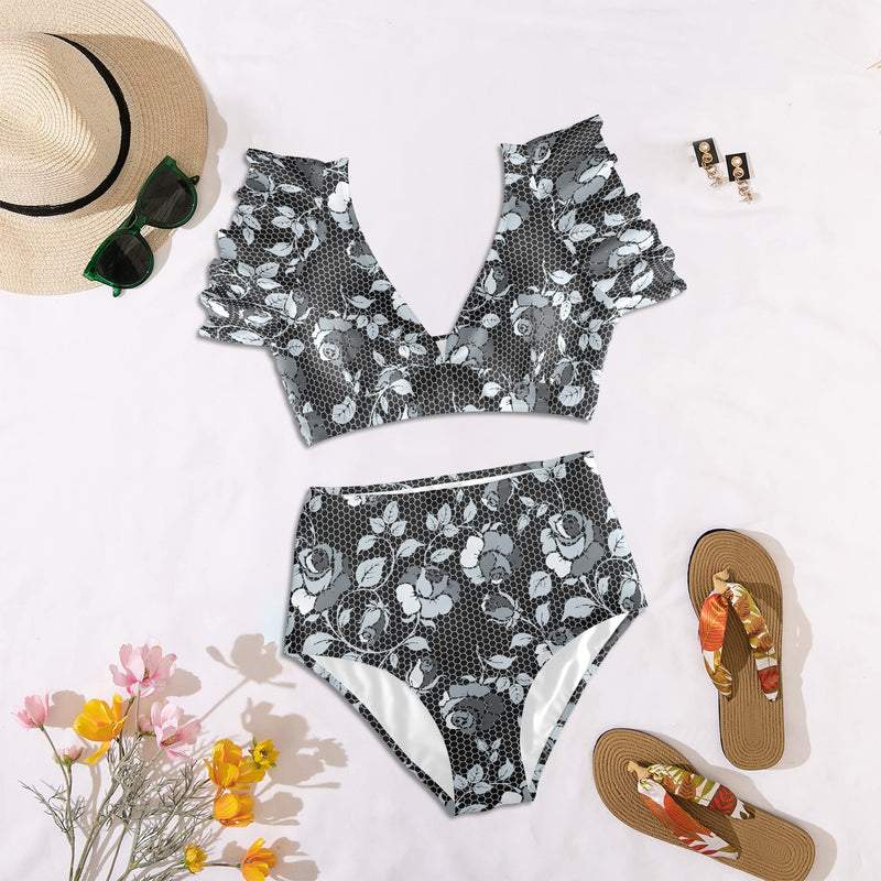 selenium gray print 1 Women's Ruffle Sleeve Bikini Swimsuit (Model S42) - Objet D'Art