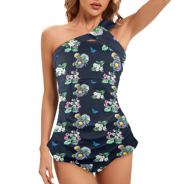 floral blue print 5 Women's One Shoulder Backless Swimsuit (Model S44) - Objet D'Art