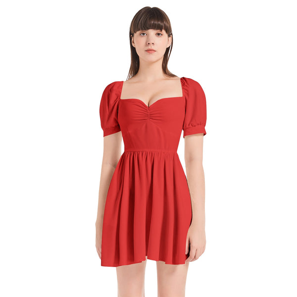 Red Puff Sleeve Sweetheart Neck Short Dress - Objet D'Art