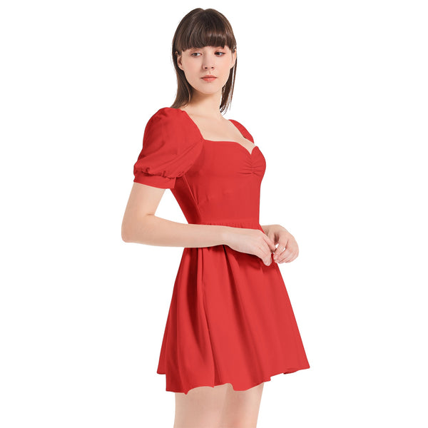 Red Puff Sleeve Sweetheart Neck Short Dress - Objet D'Art