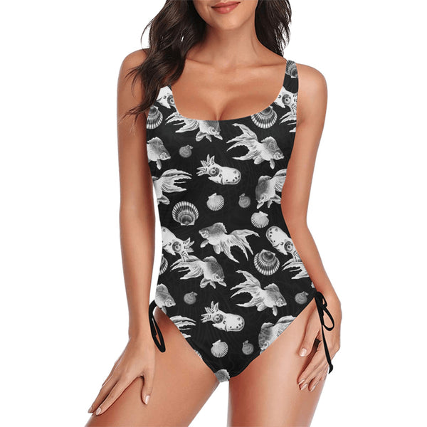 aquatic life bw print Drawstring Side One-Piece Swimsuit (Model S14) - Objet D'Art