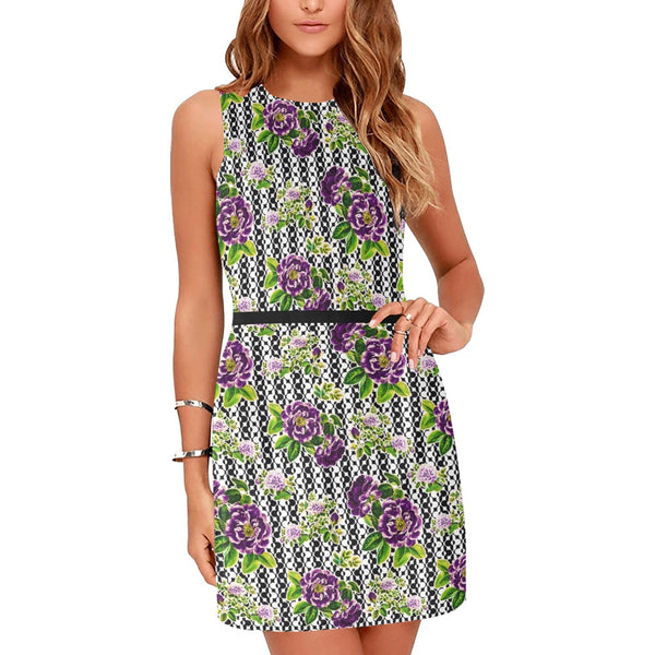 purple roses print 3 Eos Women's Sleeveless Dress (Model D01) - Objet D'Art