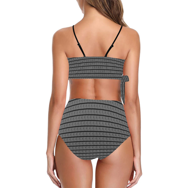 GRAY GREEK PRINT 2 Knot Side Bikini Swimsuit (Model S37) - Objet D'Art