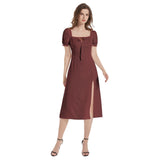 Maroon Puff Sleeve Split Thigh Midi Dress - Objet D'Art
