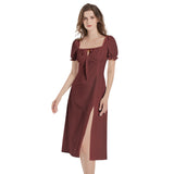 Maroon Puff Sleeve Split Thigh Midi Dress - Objet D'Art