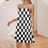 bw check print 2 Drawstring Neck Sleeveless Dress (Model D68) - Objet D'Art