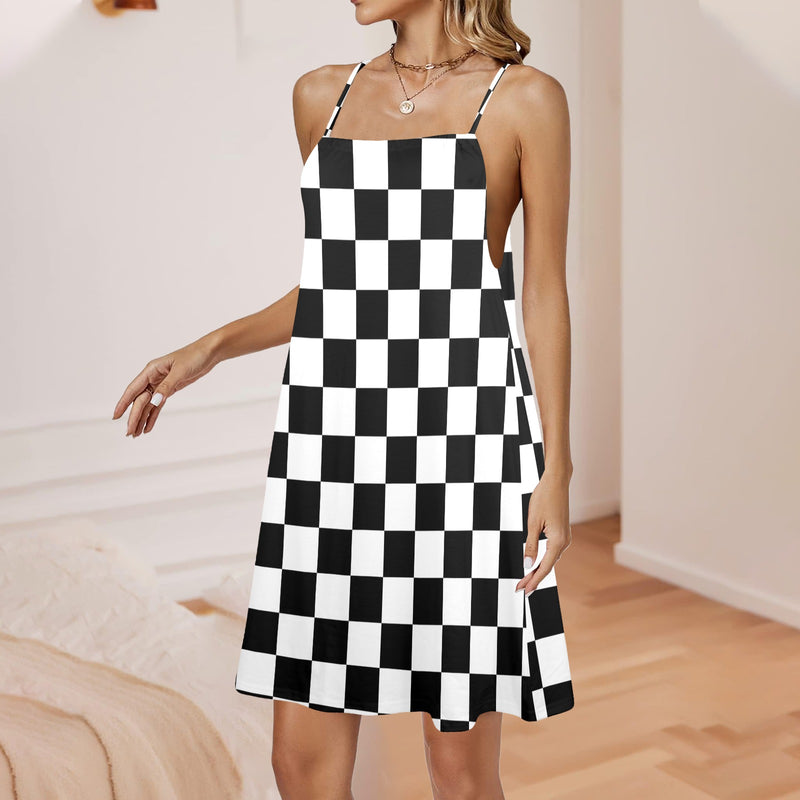 bw check print 2 Drawstring Neck Sleeveless Dress (Model D68) - Objet D'Art