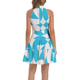 Blue Abstraction Ruffle Hem Belted Halter Dress - Objet D'Art