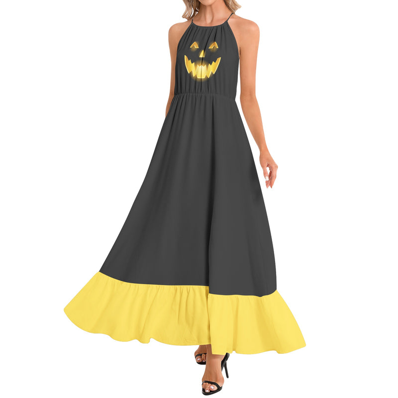 Jack O Lantern Ruffle Hem Halter Neck Maxi Dress - Objet D'Art