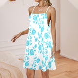 blue rose print Drawstring Neck Sleeveless Dress (Model D68) - Objet D'Art