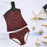 red and black scroll print Women's One Shoulder Backless Swimsuit (Model S44) - Objet D'Art