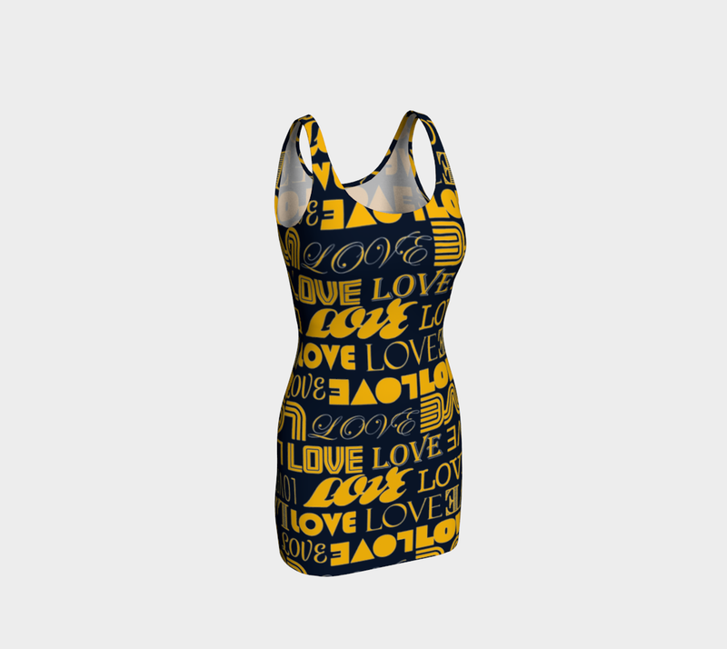 Blue & Gold Love Print Bodycon Dress - Objet D'Art