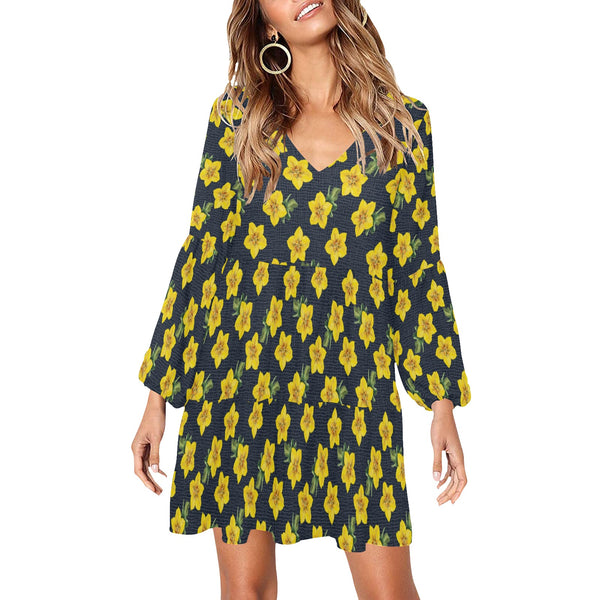 yellow flora print 2A V-Neck Loose Fit Dress (Model D62) - Objet D'Art