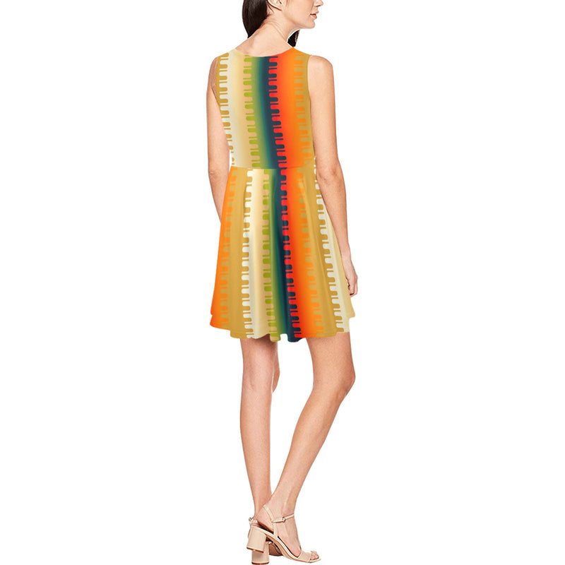 Autumn Grooves Thea Sleeveless Skater Dress(Model D19) - Objet D'Art