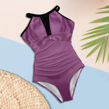 purple skirts Women's High Neck Plunge Mesh Ruched Swimsuit (S43) - Objet D'Art