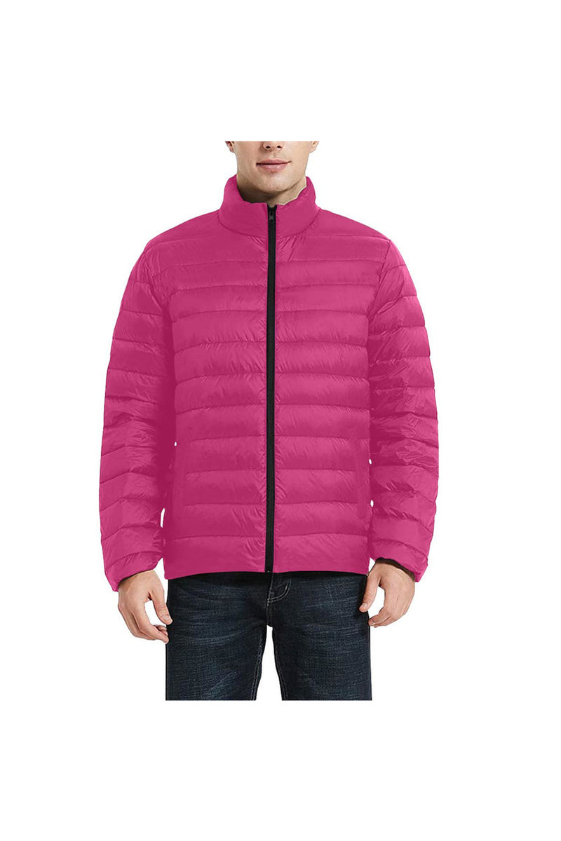 Coral Pink Men's Stand Collar Padded Jacket (Model H41) - Objet D'Art