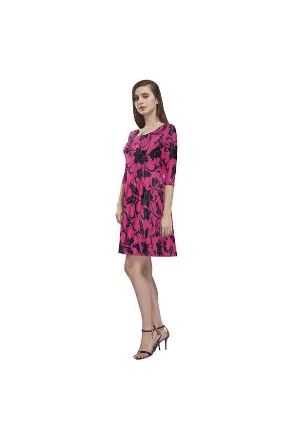 Pink Peacock Floral Silhouette Tethys Half-Sleeve Skater Dress - Objet D'Art