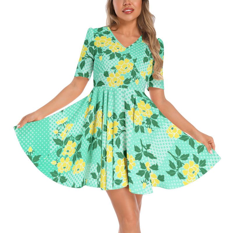 Peonies Short Sleeve Ruched Bust Flared Hem Dress - Objet D'Art