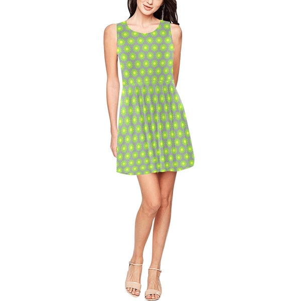 daisy gray and green print Thea Sleeveless Skater Dress(Model D19) - Objet D'Art