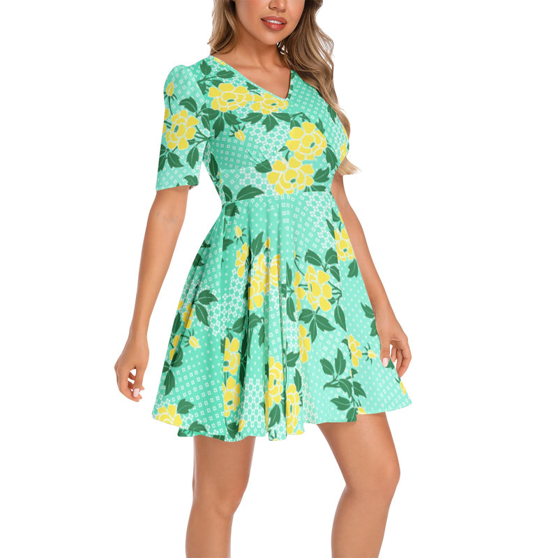 Peonies Short Sleeve Ruched Bust Flared Hem Dress - Objet D'Art