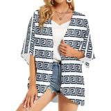 blue white greek key solid print Women's Kimono Chiffon Cover Up (Model H51) - Objet D'Art