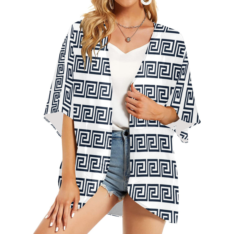 blue white greek key solid print Women's Kimono Chiffon Cover Up (Model H51) - Objet D'Art