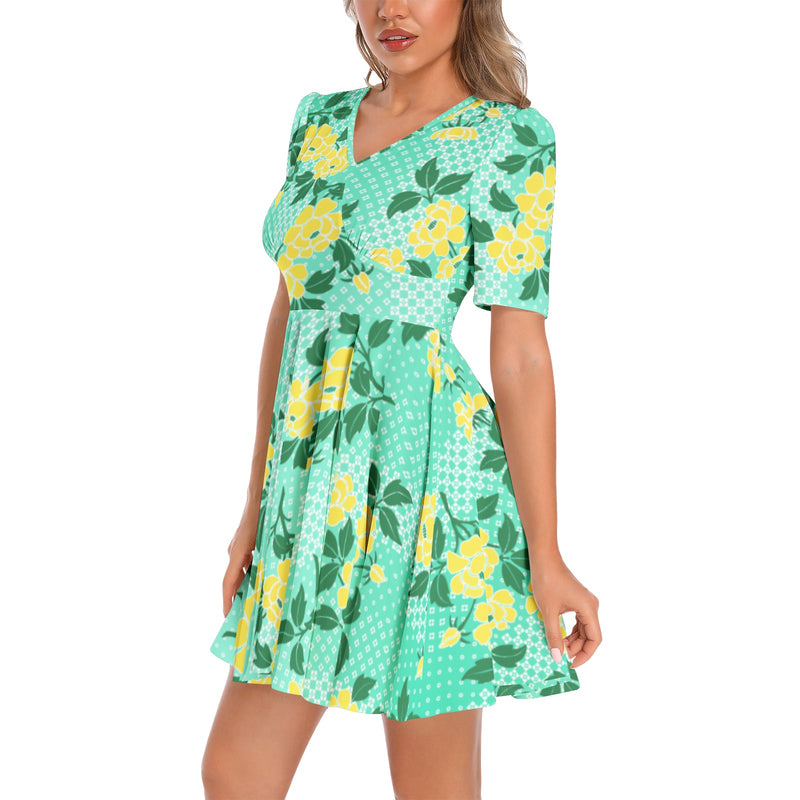 Peonies Short Sleeve Ruched Bust Flared Hem Dress - Objet D'Art