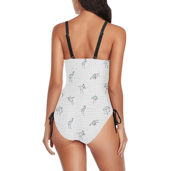 crane 4 wavy grid hokusai print Drawstring Side One-Piece Swimsuit (Model S14) - Objet D'Art