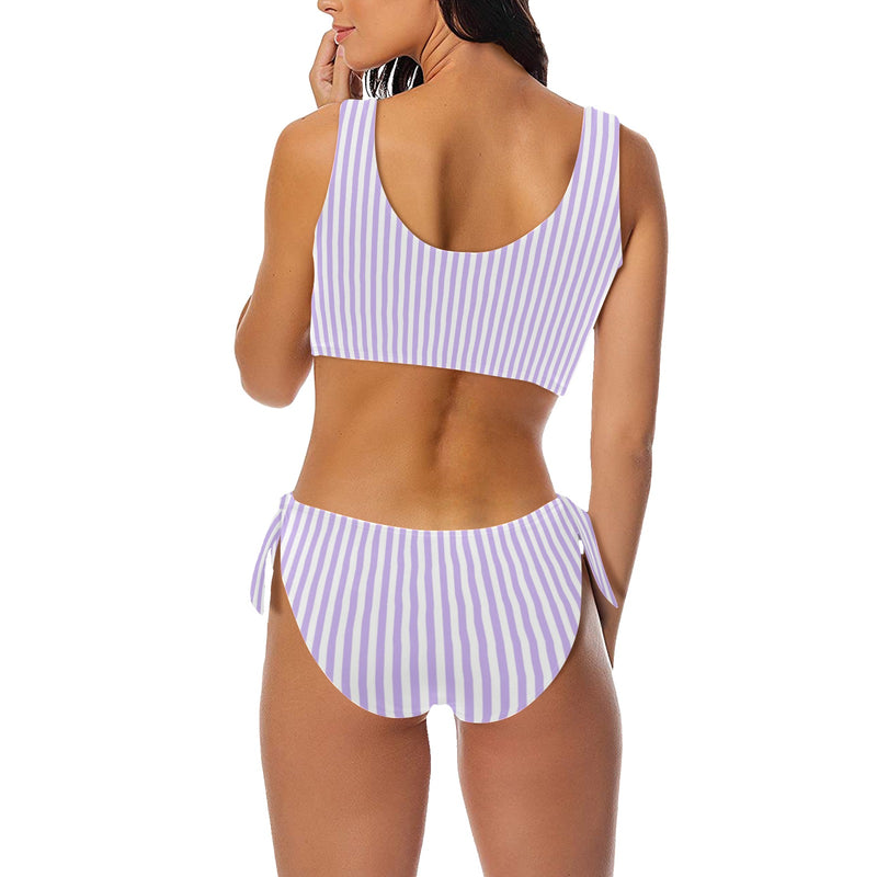 lavender striped Bow Tie Front Bikini Swimsuit (Model S38) - Objet D'Art