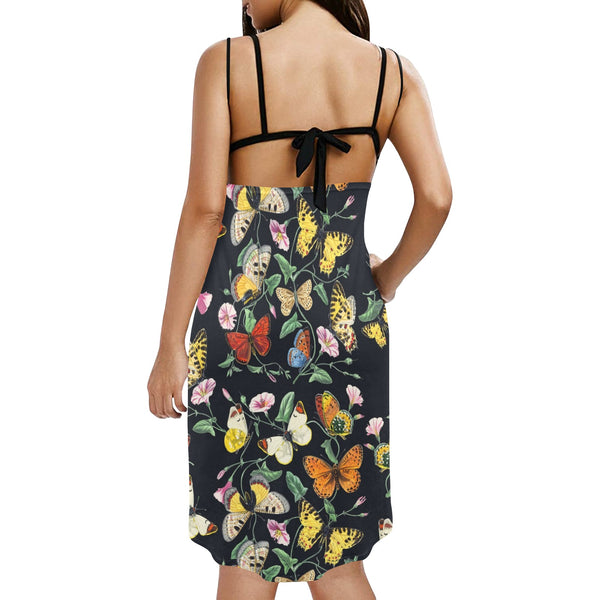 butterfly print Spaghetti Strap Backless Beach Cover Up Dress (Model D65) - Objet D'Art