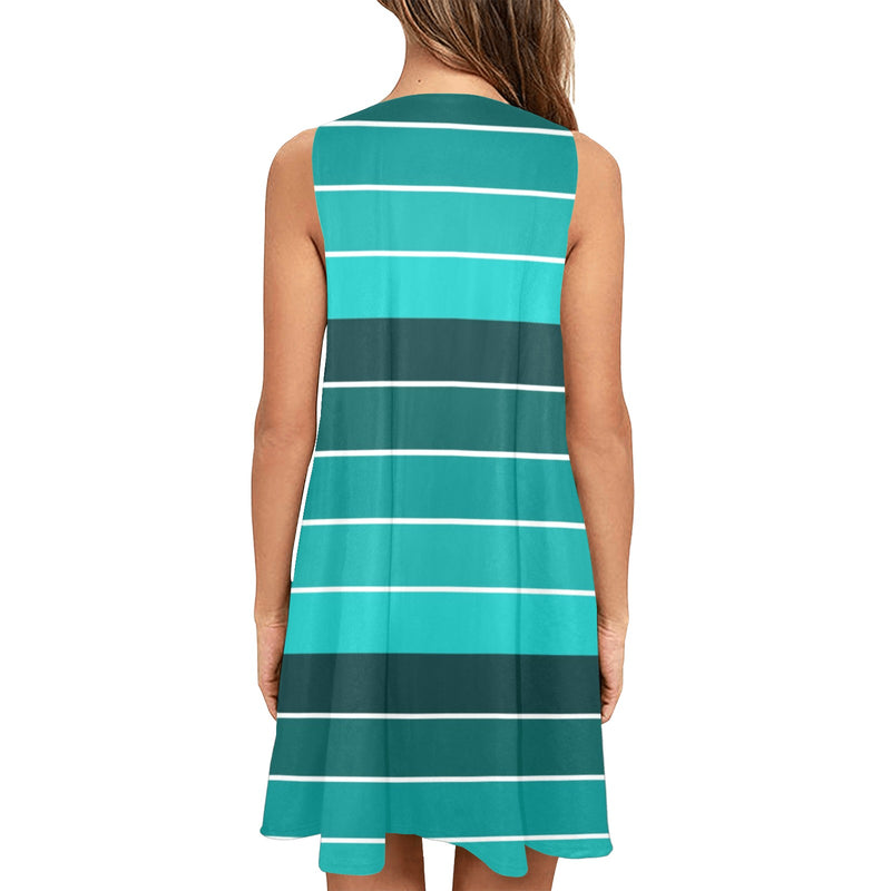 ted teal print 2 Sleeveless A-Line Pocket Dress (Model D57) - Objet D'Art