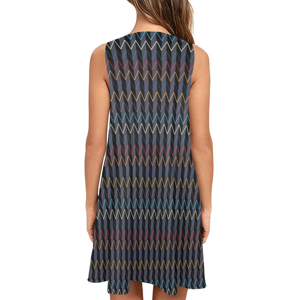 color waves print 3 Sleeveless A-Line Pocket Dress (Model D57) - Objet D'Art
