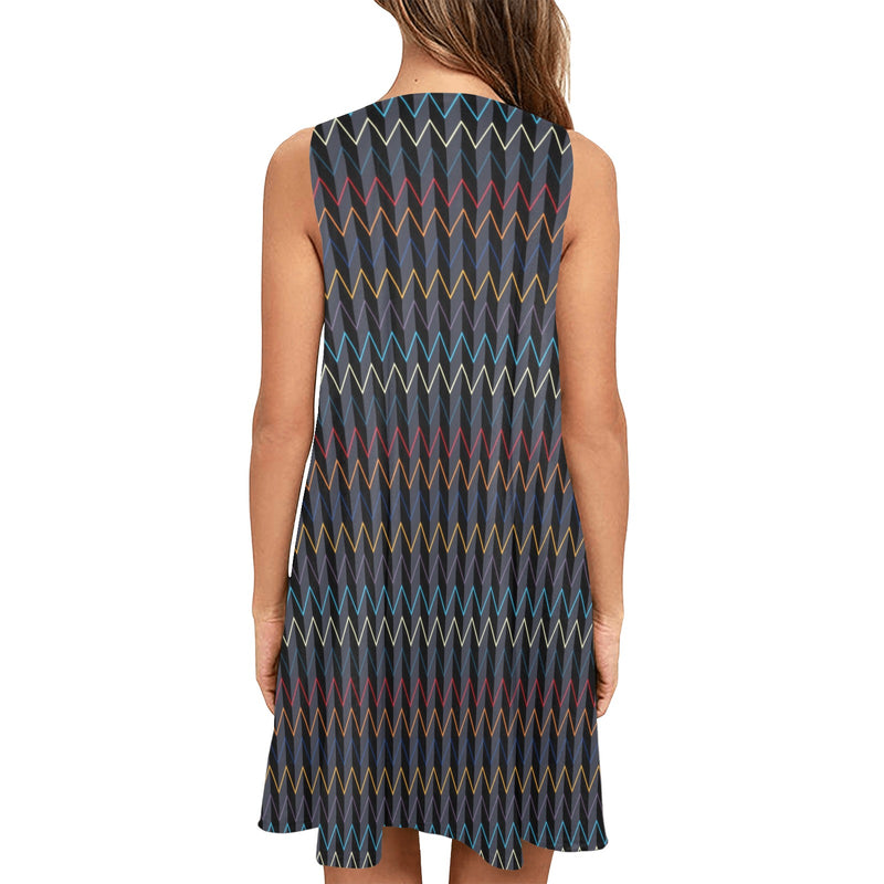 color waves print 3 Sleeveless A-Line Pocket Dress (Model D57) - Objet D'Art