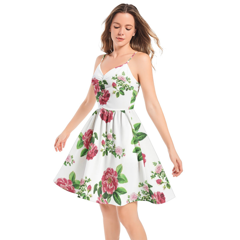 Rose Print Spaghetti Strap Sleeveless Summer Beach Dress - Objet D'Art