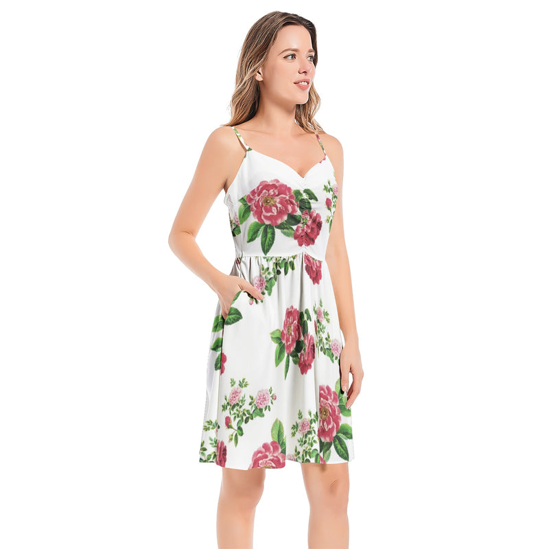 Rose Print Spaghetti Strap Sleeveless Summer Beach Dress - Objet D'Art