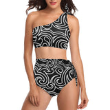 light blue print High Waisted One Shoulder Bikini Set (Model S16) - Objet D'Art