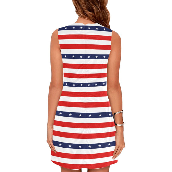 stars and stripes stripe horizontal print Eos Women's Sleeveless Dress (Model D01) - Objet D'Art