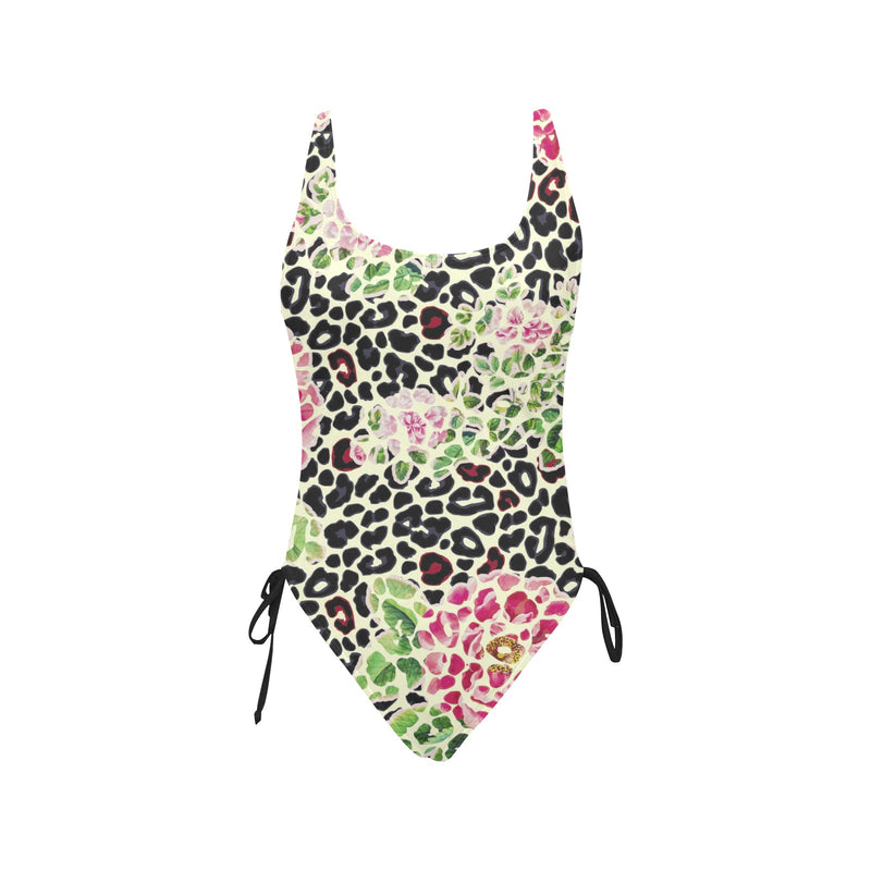 leopard rose print 2 Drawstring Side One-Piece Swimsuit (Model S14) - Objet D'Art