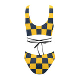 navy blue gold checkered print Cross String Bikini Set (Model S29) - Objet D'Art