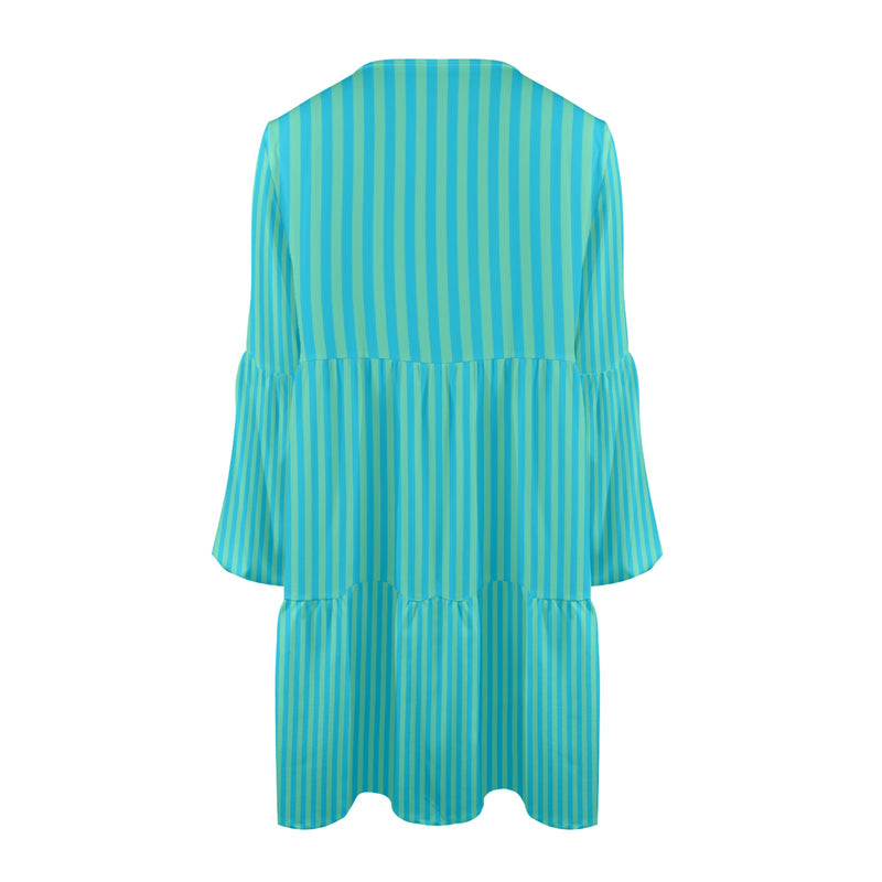 blue green striped print 2 V-Neck Loose Fit Dress (Model D66) - Objet D'Art