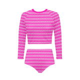 fuchsia and white greek key print Long Sleeve Bikini Set (Model S27) - Objet D'Art