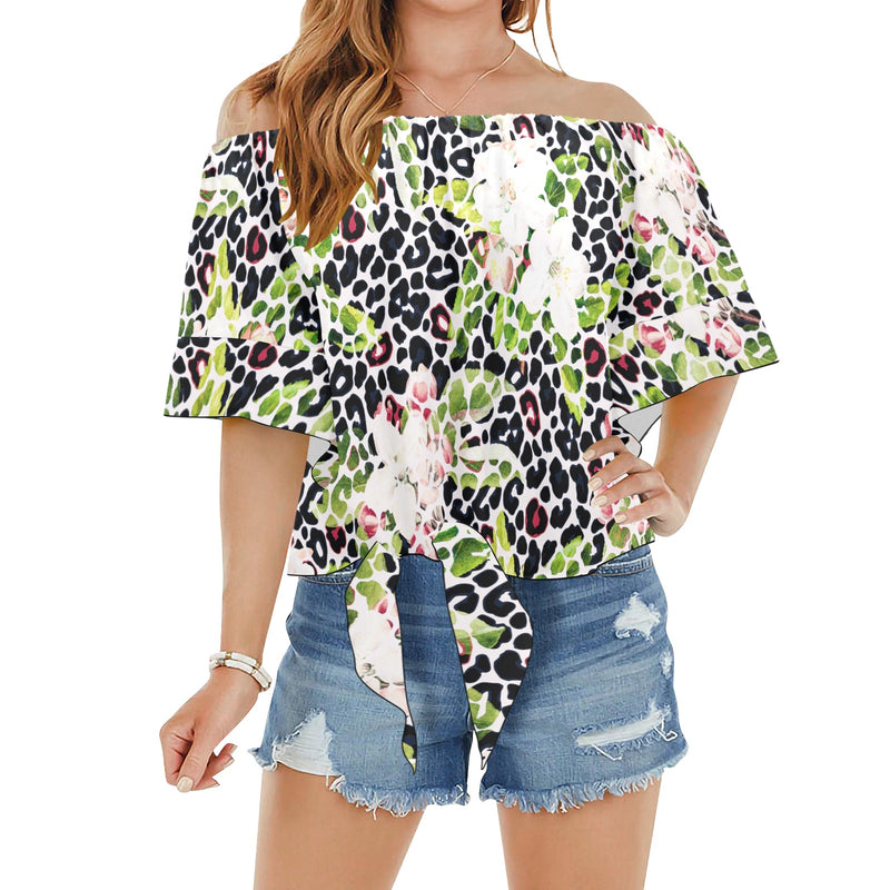 apple blossom leopard print Off Shoulder Knot Front Blouse (Model T71) - Objet D'Art