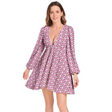 Lantern Sleeve Deep V-Neck Short Dress - Objet D'Art